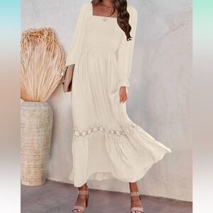 ZESICA Women's Long Sleeve Square Neck Smocked High Waist Flowy Maxi Dress